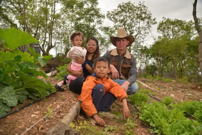 Familia feliz posando en su entorno rural dejando ver su cultivo agrícola