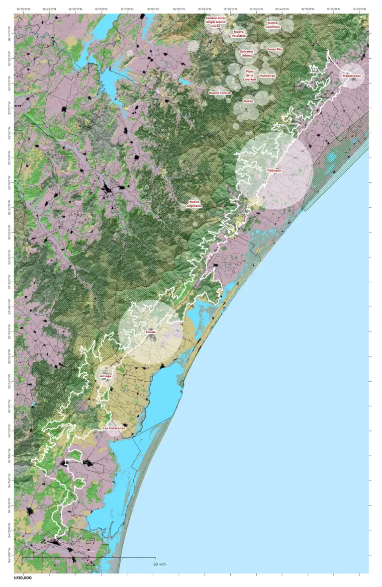 Mapa de paisaje de Chiapas Costa, localizado en la planicie costera del estado de Chiapas, delimitada por la cota altitudinal de 400 metros y los ríos Lagartero y San Nicolás.