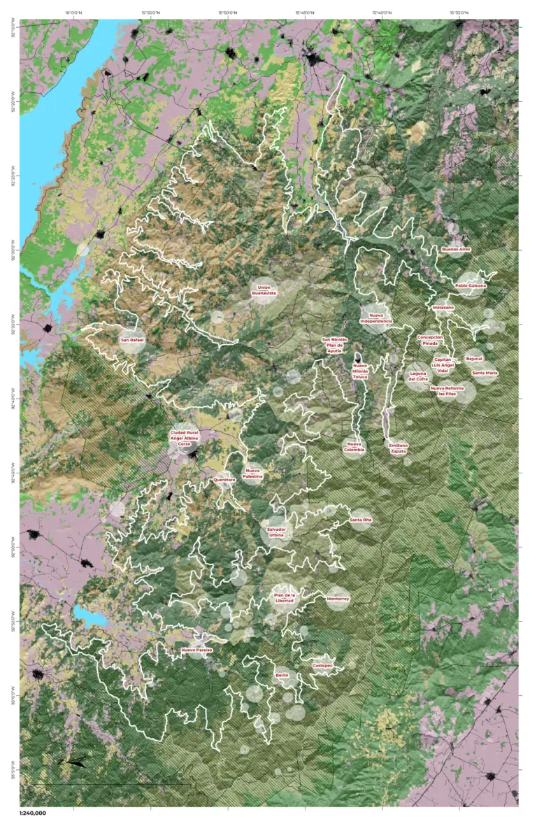 Mapa de paisaje Chiapas Sierra la Frailesca, donde las altitudes superiores a 600 metros y los límites de microcuencas configuran una unidad territorial de alta aptitud cafetalera.