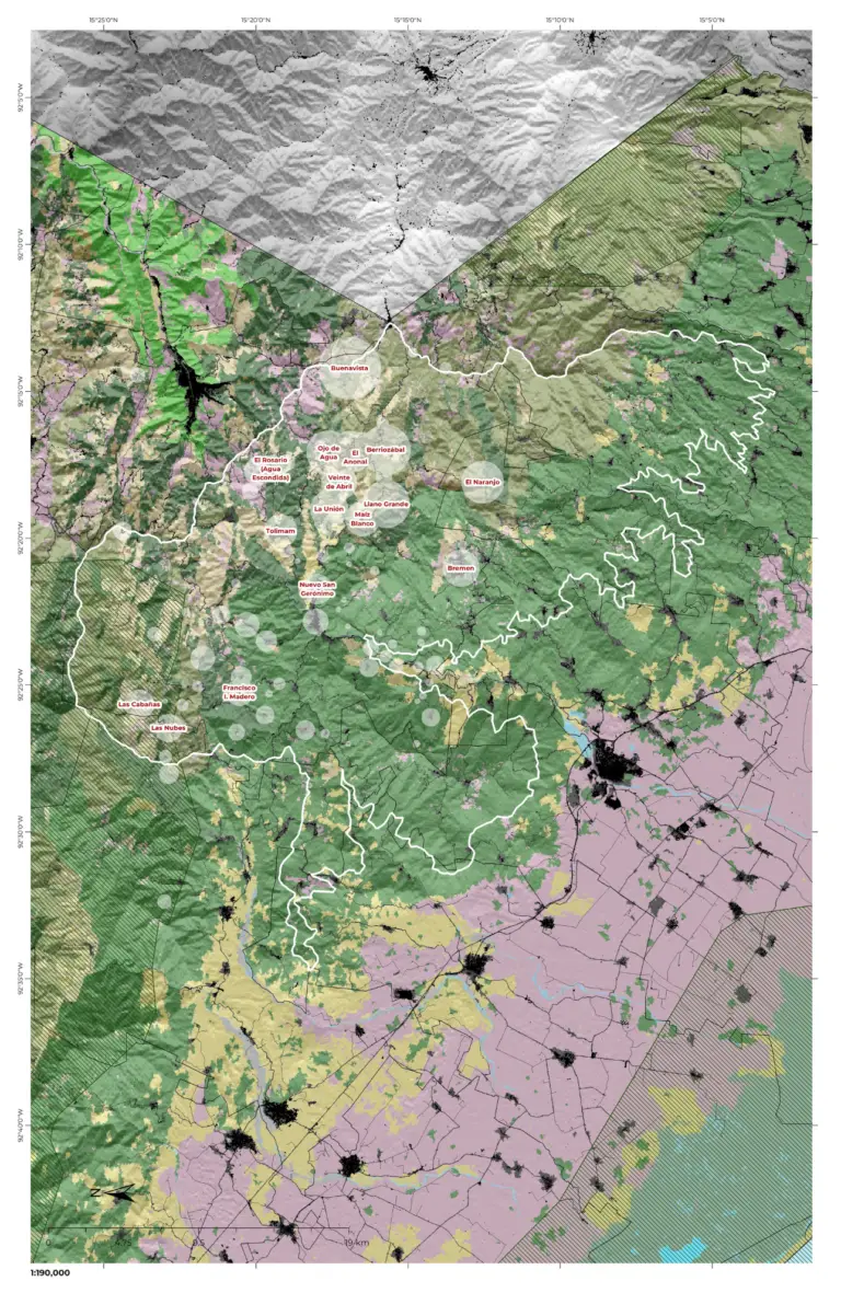 Mapa de paisaje de Chiapas Sierra Mariscal. Este paisaje se estructura a partir de zonas montañosas, altitudes superiores a 600 metros y cuencas hidrográficas que ordenan el territorio.