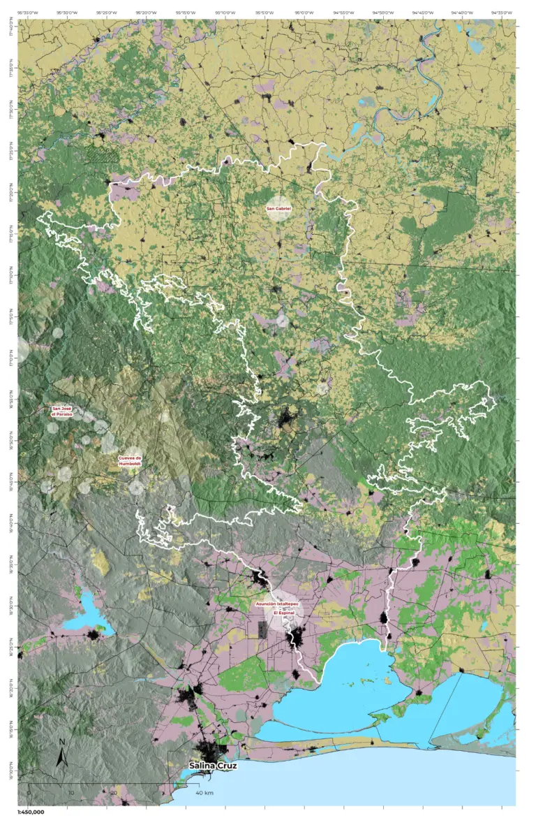 Mapa de paisaje de Istmo. Se ubica en una zona de transición ecológica y cultural entre Oaxaca y el Golfo de Tehuantepec.