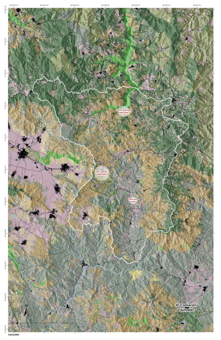 Mapa de paisaje de Oaxaca Albarradas. Se ubica en una región semiárida de los Valles Centrales de Oaxaca y forma parte de una unidad hidrográfica vinculada a la subcuenca del río Sola de Vega.
