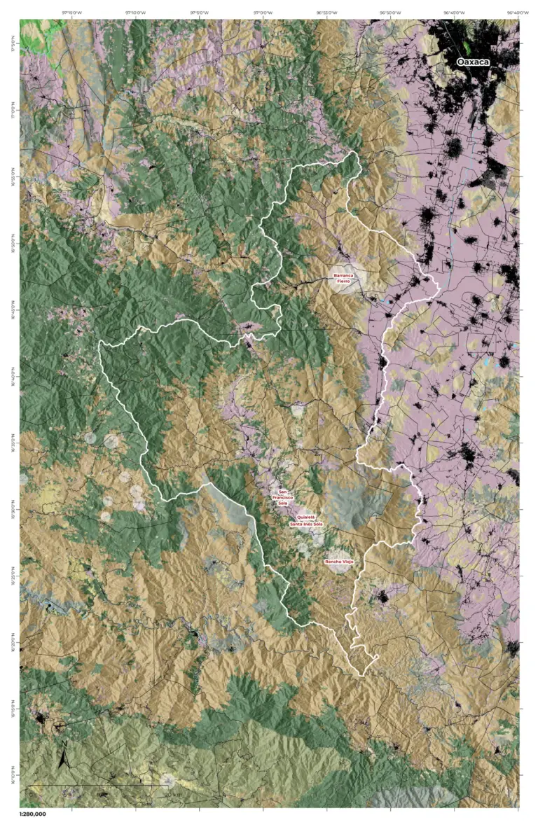 Mapa de paisaje de Oaxaca Barranca. Es un paisaje semiárido del Valle Central de Oaxaca, asociado a la subcuenca del río Sola de Vega.