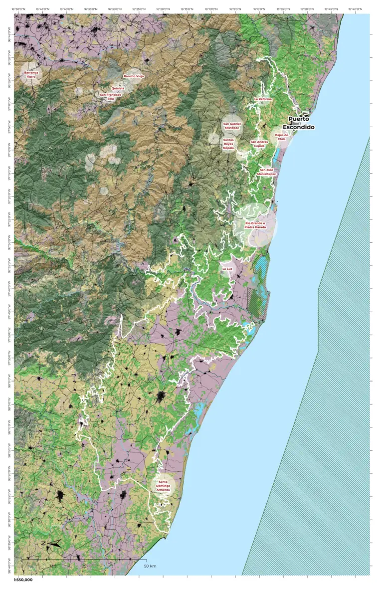 Mapa de paisaje de Oaxaca Costa localizado en la franja del Pacífico oaxaqueño, entre la planicie costera y las estribaciones montañosas, con límites naturales asociados al estado de Guerrero y al río Colotepec.