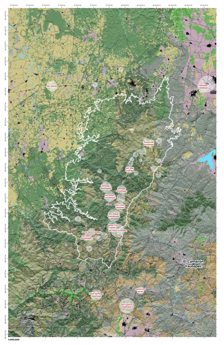 Mapa de paisaje de Oaxaca Sierra, ubicado en la Sierra Norte de Oaxaca, este paisaje combina clima templado-húmedo, relieve montañoso y sistemas agroforestales comunitarios.