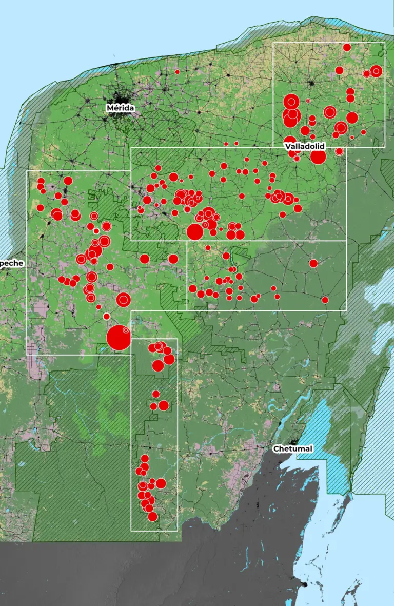 Mapa de paisaje de la Península de Yucatán cuya delimitación responde a la alta dispersión geográfica y a la riqueza biocultural de comunidades mayas rurales.