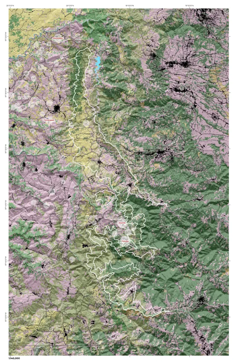 Mapa de paisaje de Puebla Sierra ubicado en la región nororiental del estado de Puebla, delimitado por los ríos Zempoala y Apulco.