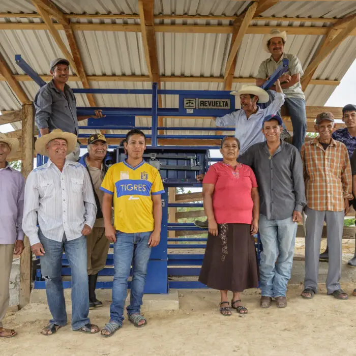 Grupo de productores y productoras rurales reunidos en una infraestructura ganadera comunitaria para fortalecer la gestión y productividad de sus sistemas pecuarios.