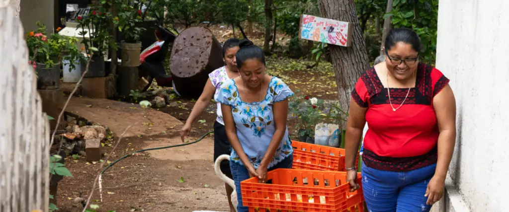 Grupo de mujeres trasladando cajas con huevos como parte de un emprendimiento comunitario.