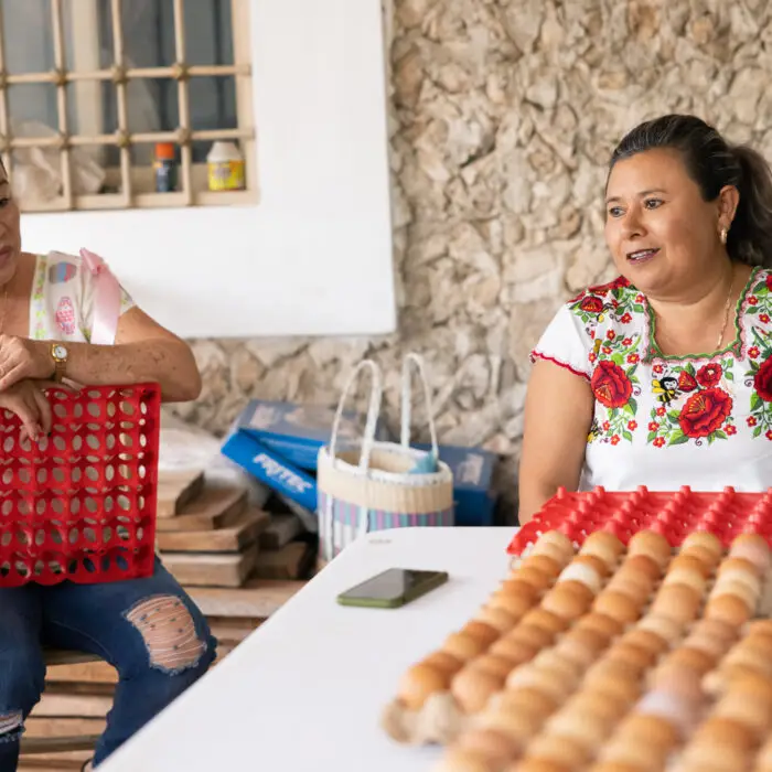 Mujeres emprendedoras dialogando durante una reunión de coordinación para fortalecer la producción y venta de huevo.