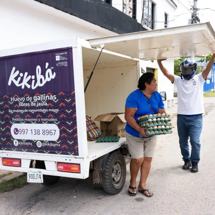 Vehículo de distribución de Kikibá realizando la entrega de huevos producidos por mujeres emprendedoras de comunidades mayas.