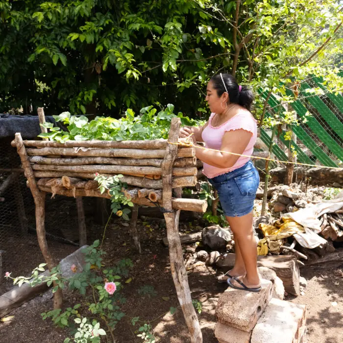 Mujer cuidando un huerto familiar con hortalizas junto a su gallinero, integrando producción de alimentos y agricultura sostenible